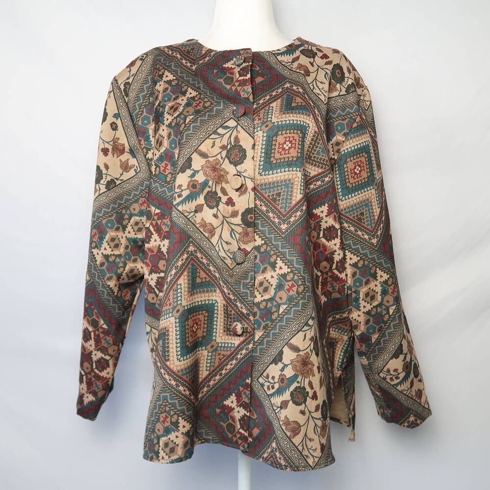 Vintage 90s Casual Corner tan and blue funky floral mix print blazer jacket XL